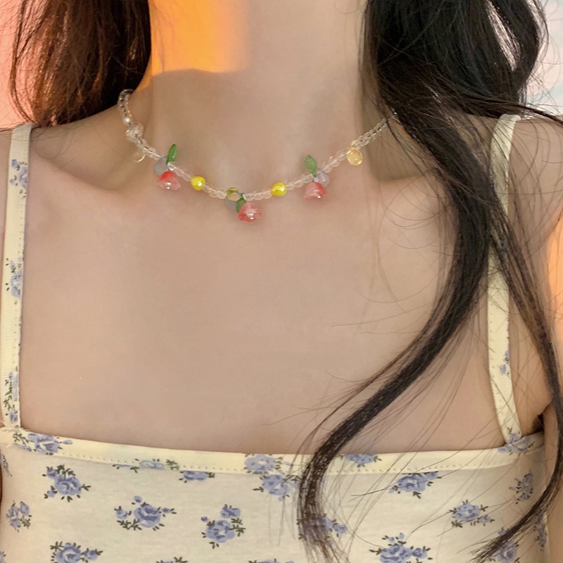 Kalung Rantai Dengan Liontin Bunga Tulip Warna Pink Untuk Wanita