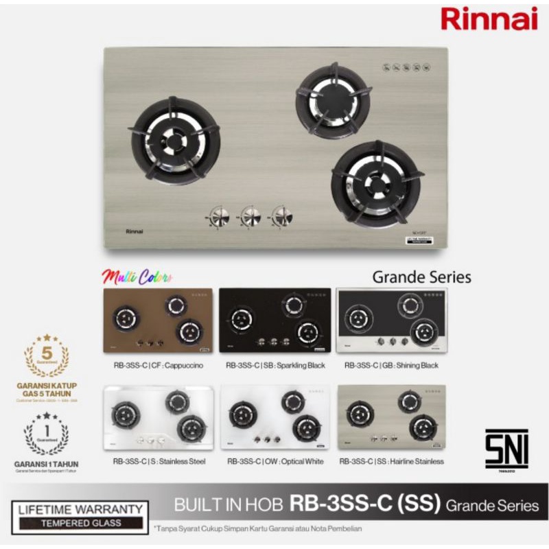 Kompor Tanam gas Rinnai RB-3SS-C (SS)/  Stainless RB3SSC 3 tungku 70cm