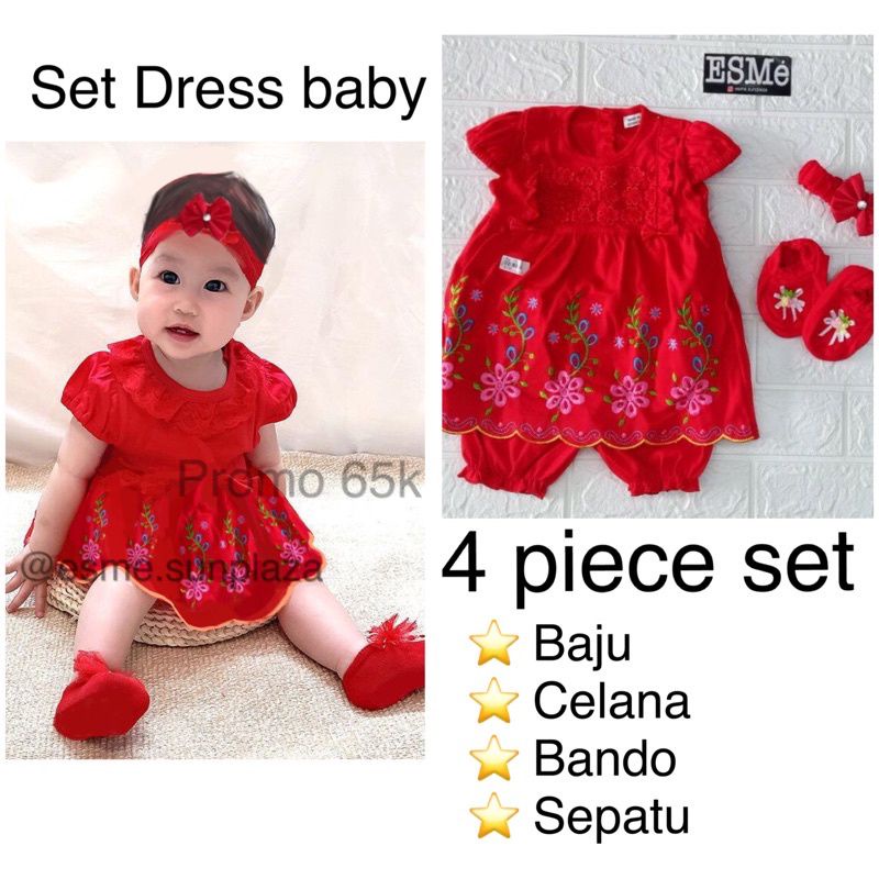 SET / BAJU SETELAN DRESS KATUN NYAMAN MERAH BABY 3-12 BULAN COMPLETE DENGAN HEADBAND DAN SEPATU