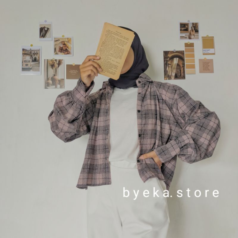Kemeja wanita casual lengan balon /oversize shirt Tartan crop/kemeja crop kotak oversize-Nude