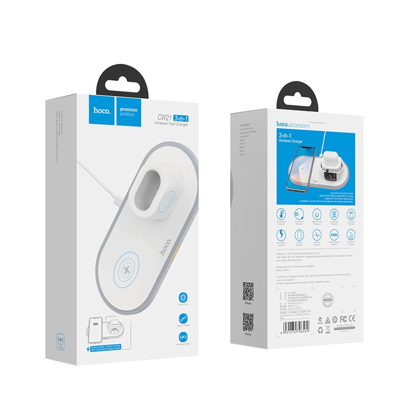 Hoco Fast Wireless Charger Pad 3 in 1 Smartphone Airpods Apple Watch - CW21 - White