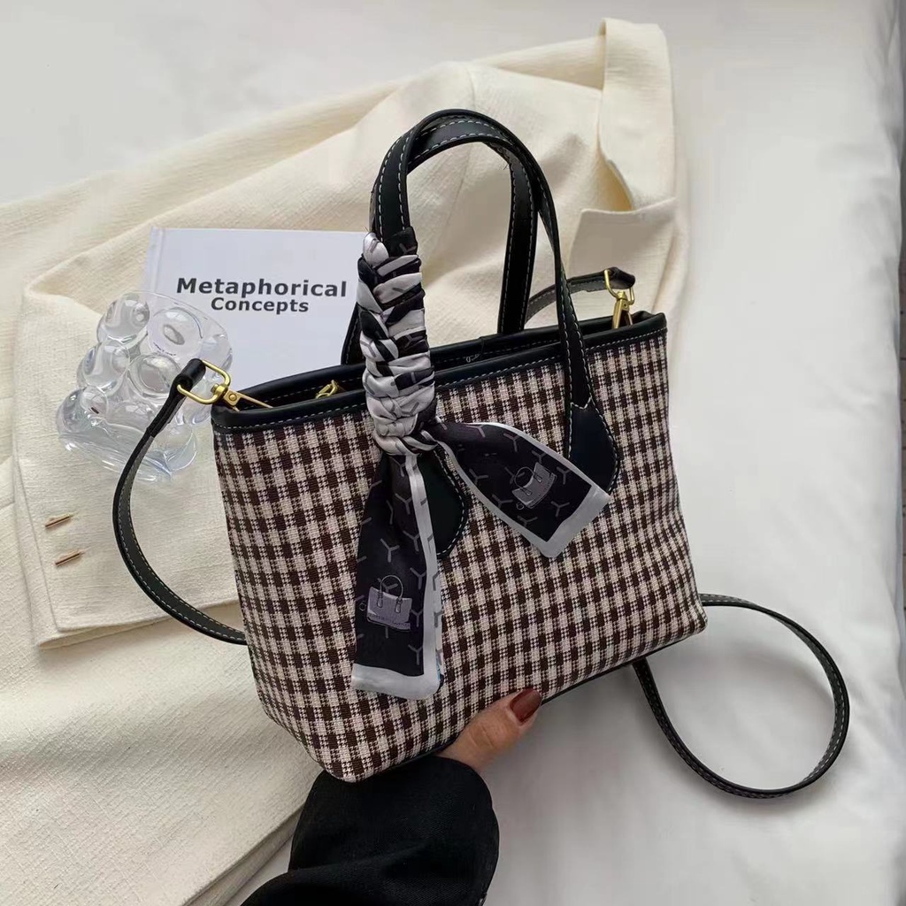 BJ43450 - BEIGE/BLACK/COFFEE - TAS TOTEBAG HANDBAG SLEMPANG TWILLY MOTIF KOTAK WANITA FASHION IMPORT MODIS ELEGAN TERMURAH TERLARIS TERBARU BAGSTORE JAKARTA TAS BATAM BQ3450 EL4813