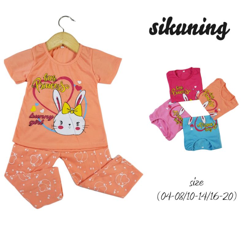 SETELAN SIKUNING PAKAIAN BAJU ANAK PEREMPUAN 2-7 TAHUN MOTIF  LITTLE PRINCES BUNNY GIR LENGAN PENDEK