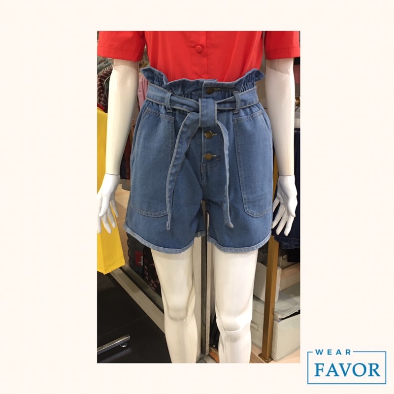 Celana pendek jeans Favor HW tebal tali denim kancing fashion wanita murah kekinian