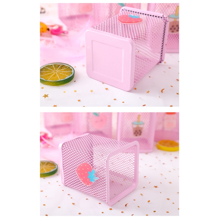 Pink Square Round Shape Milk Peach Banana Pattern Metal Hollow Out Storage Pen Holder for Student Gift