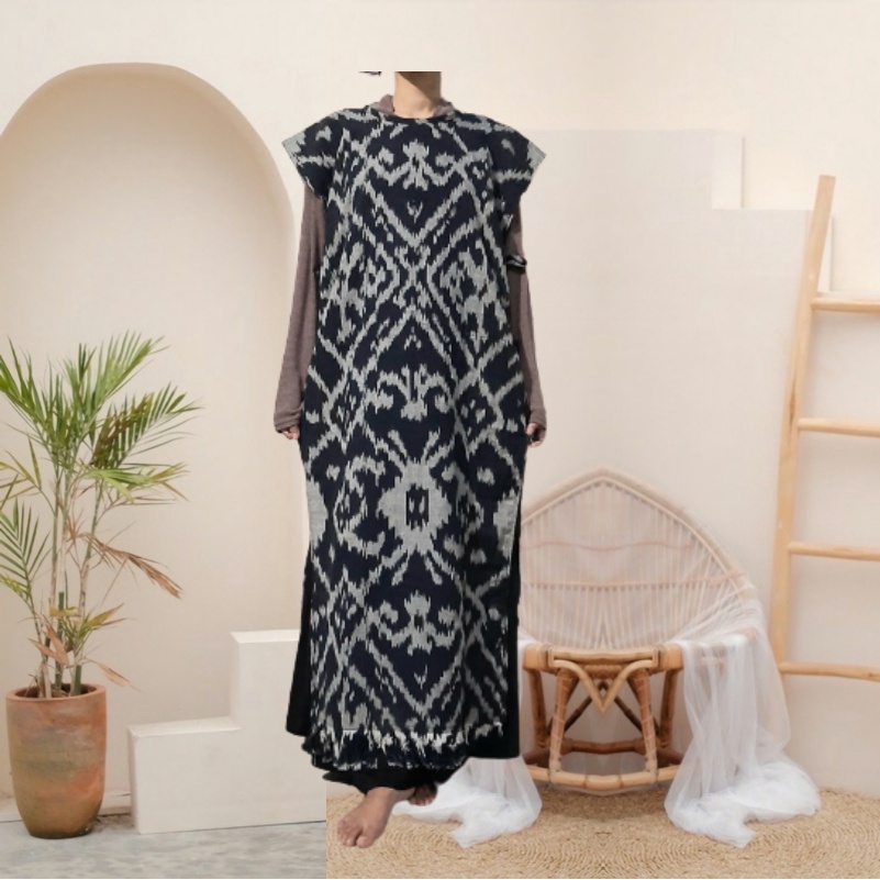 Long Vest Outer Wanita Muslim Hitam Putih Tenun Etnik Baju oter Muslimah Rompi Panjang Tanpa Lengan-Abstrak