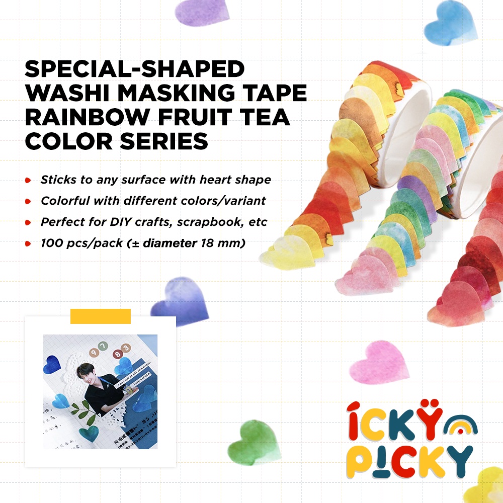 

[ickypicky] Weshu Special-Shaped Washi Masking Tape Rainbow Fruit Tea Color Series (100 pcs/roll) | Stiker Gulungan Warna-Warni Bentuk Hati