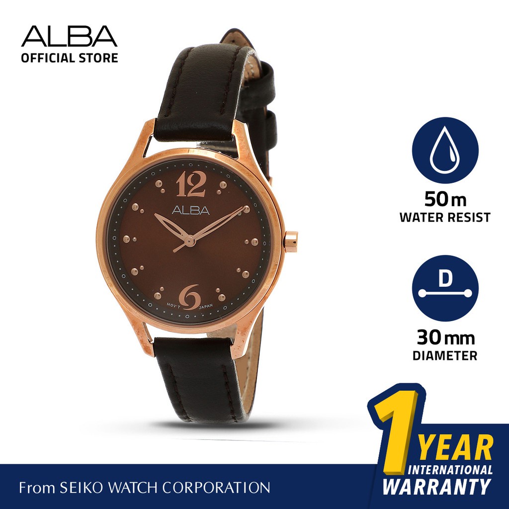 Alba Fashion Jam Tangan Wanita AH8520 / AH8520X1 Quartz Dark Brown Dial Genuine Leather Strap Watch