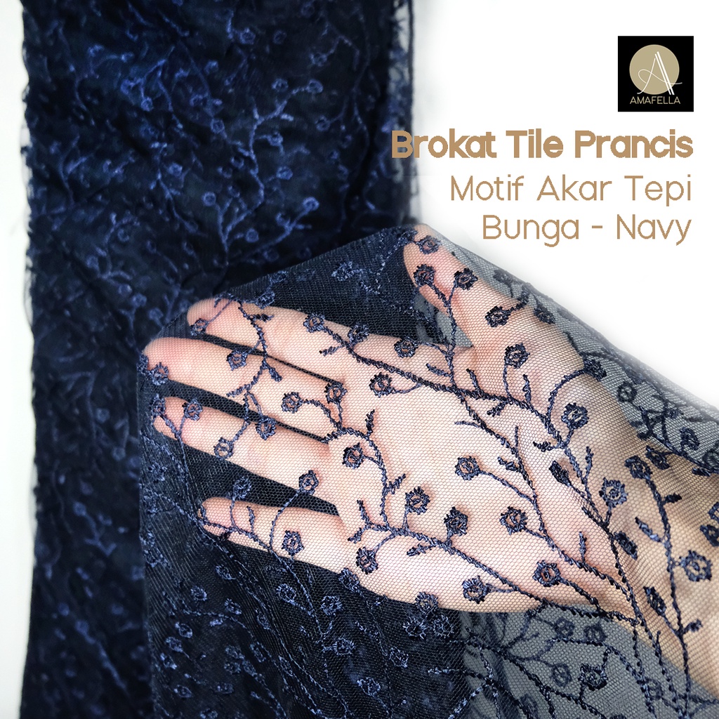 1/2 meter Kain Brokat Tile Prancis Bahan Kebaya Motif Akar Navy Blue