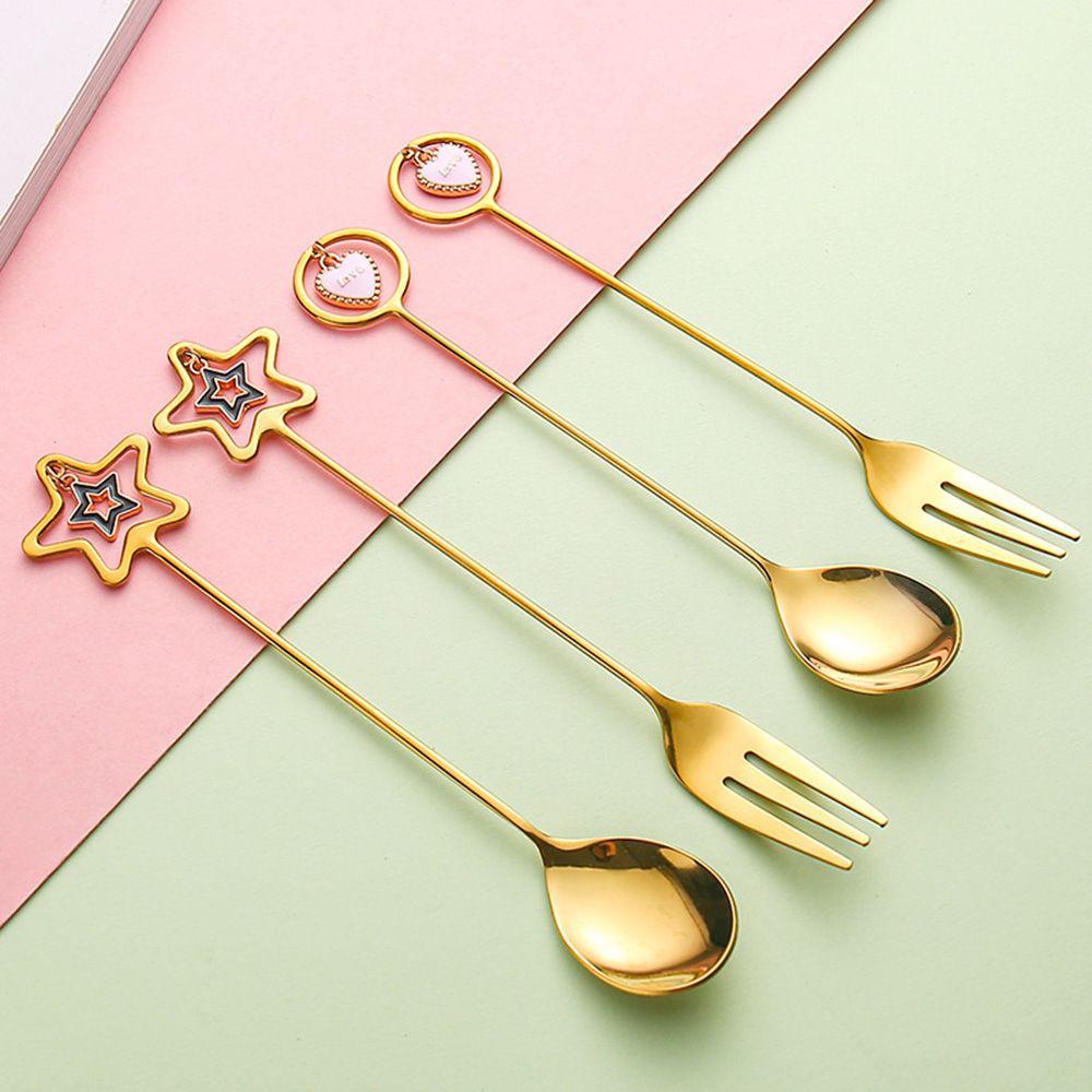 Top Sendok Kopi304 Stainless Steel Stirring spoon Fork Dengan Liontin Cantik Sendok Teh