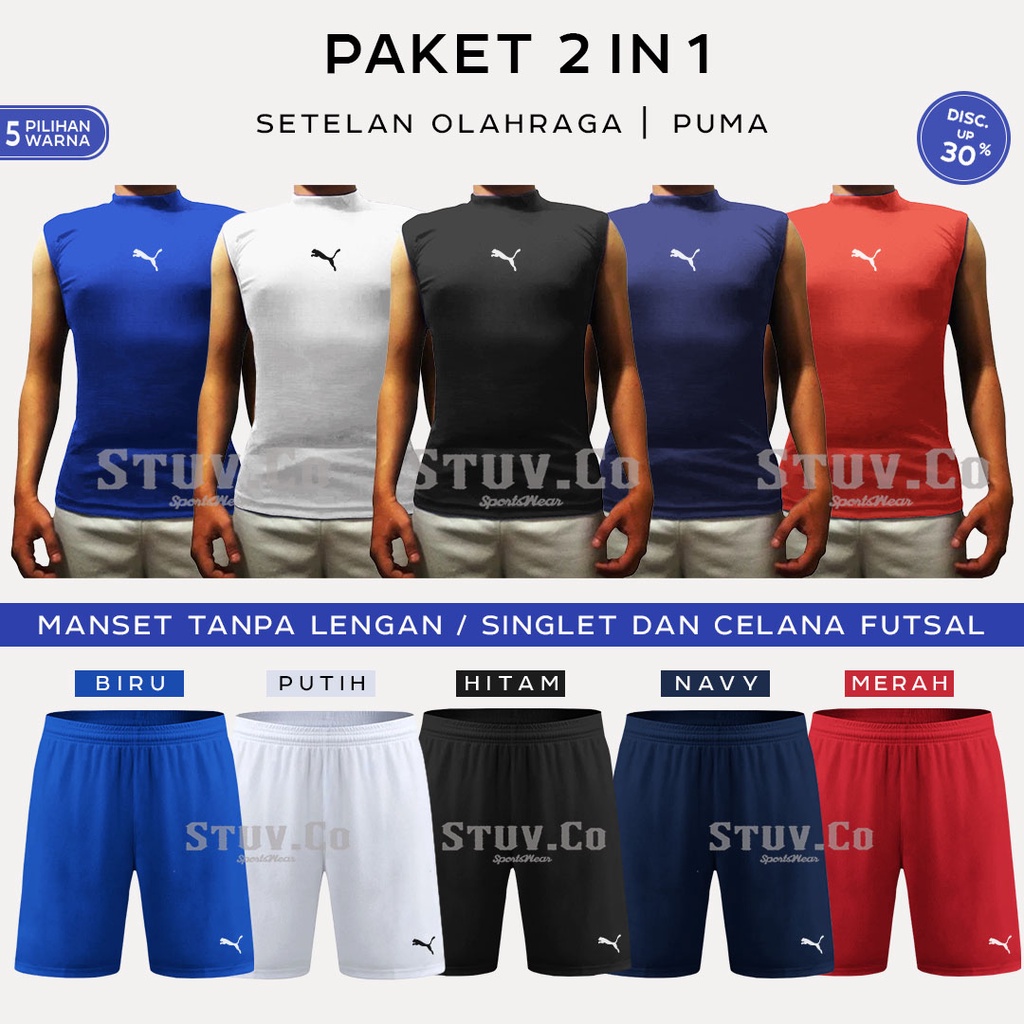 STELAN 2IN1 PAKAIAN OLAHRAGA MANSET BASELAYER SLEEVELESS DAN CELANA FUTSAL DRIFIT PRIA WANITA PREMIUM