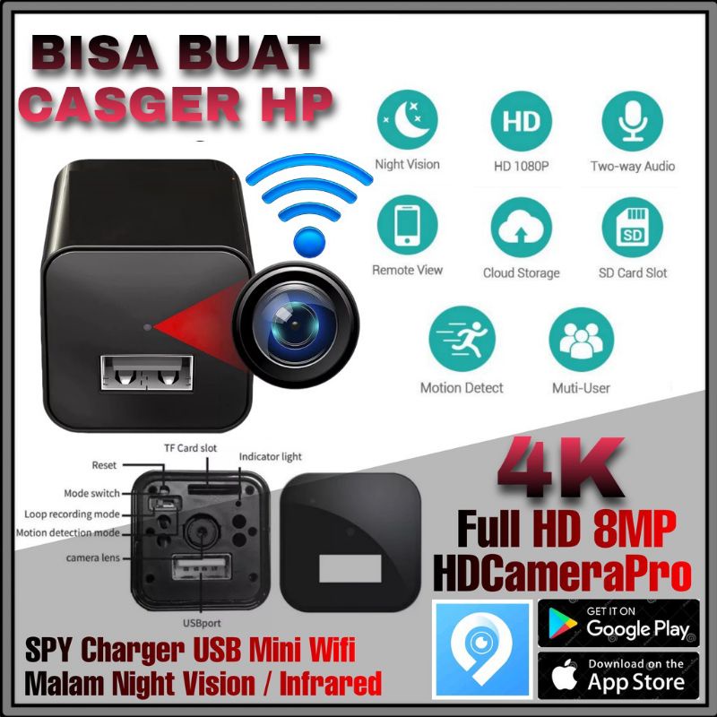 KAMERA PENGINTAI IP Wifi Spy MINI Hidden Camera AC Adaptor HD 1080P)USB CAM ADAPTOR