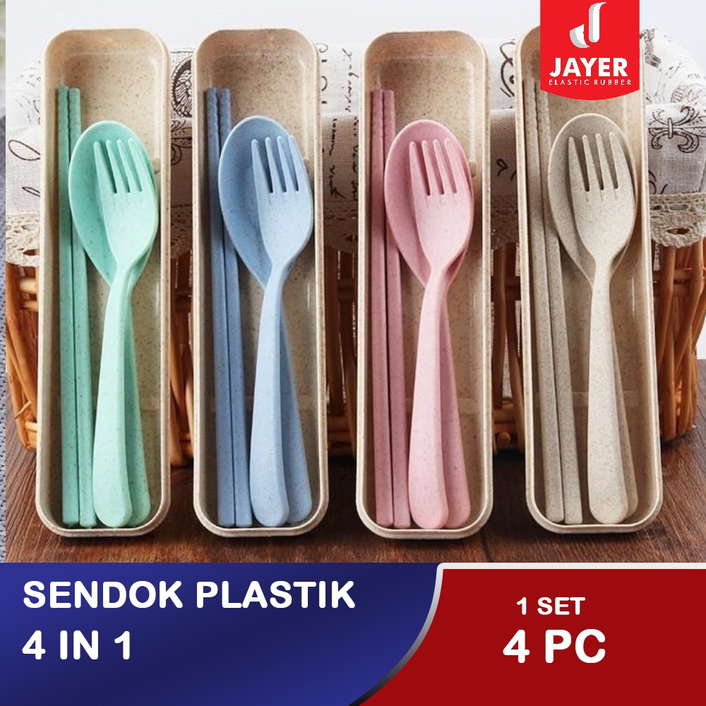 Sendok Makan Jerami 1 Set isi 4 Pcs / 1 Set Sendok Portable Plastik Sendok / Garpu / Sumpit