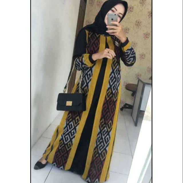 Gamis tenun motif toraja mix combi black A1+free masker tenun