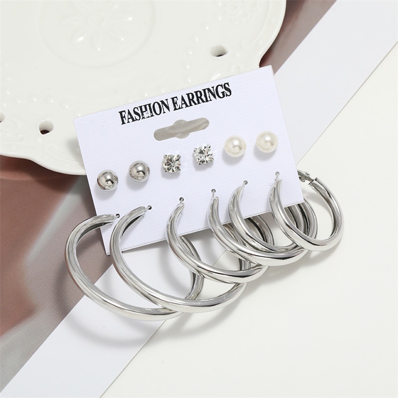 6 Pasang / Set Anting Bentuk Lingkaran Aksen Mutiara Bahan Logam Untuk Aksesoris Wanita