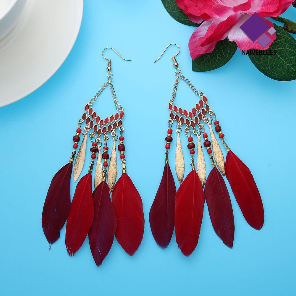 Anting Kait Gantung Panjang Desain Bulu Gaya Vintage Boho Untuk Wanita