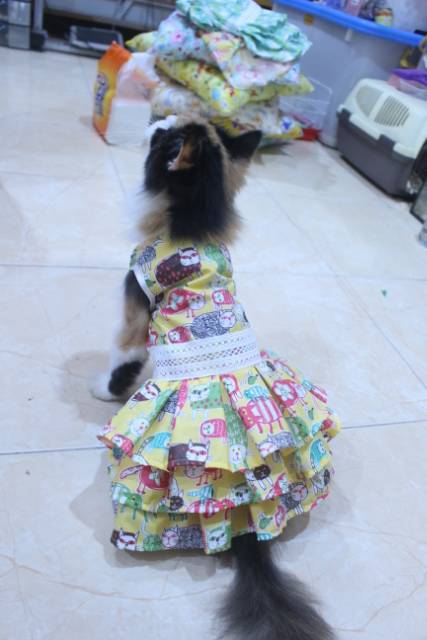 Dress kuning motif gambar kucing lucu untuk kucing dan anjing / baju kucing murah size S M L XL