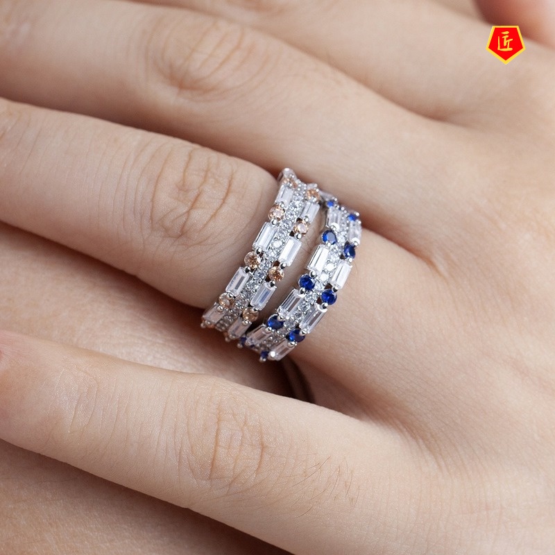 [Ready Stock]Inlaid Rectangular White Moissanite Ring Creative Simplicity