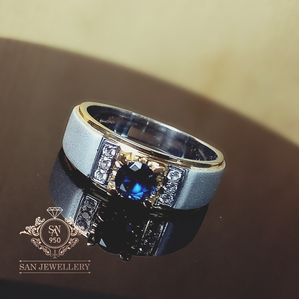 Cincin Pria EB13 – Perak Asli Ikat Batu Permata Biru | Platinum Palladium Emas Putih Elegan SAN950
