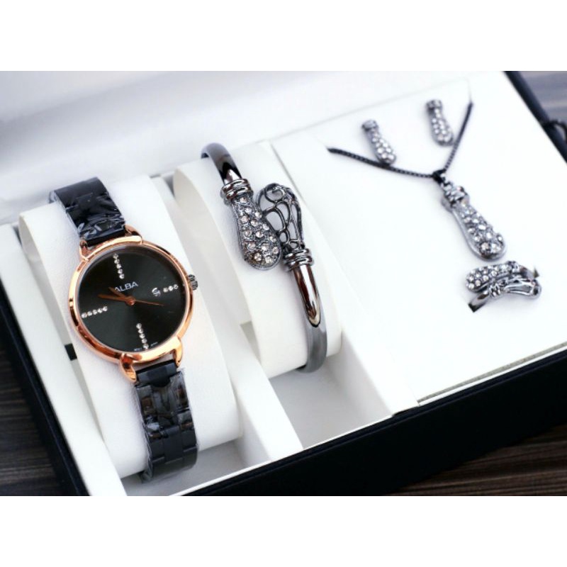 { COD } free set ACC || jam tangan rantai wanita Alba mini bulat permata garis KW-1880SAR tanggal ak