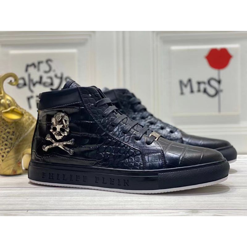 sepatu philipp plein sneaker boots mirror shoes men high end kulit hitam pp cowok P1SHOES