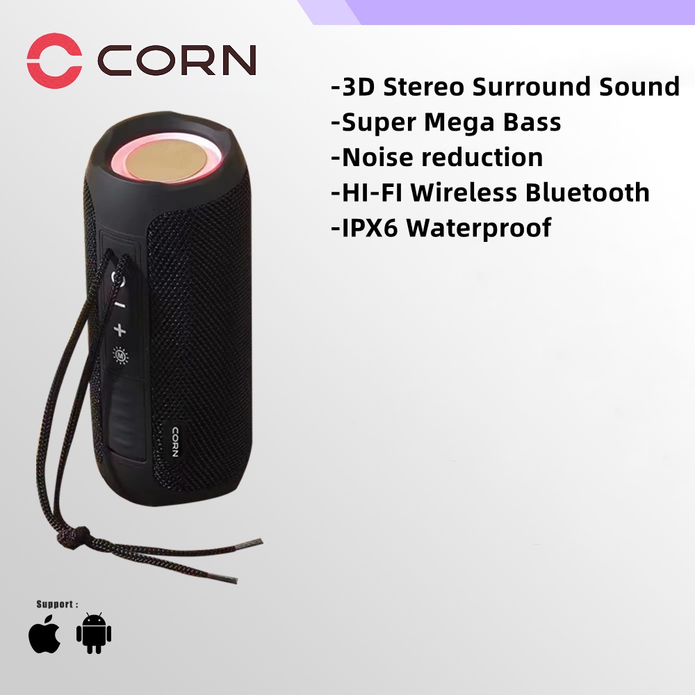 CORN Portabel Wireless Bluetooth 5.0 Speaker TWS Speaker Hi-FI SUPER Mega BASS Speker IPX6 Waterproof  Lampu LED USB Pengisian Cepat dengan Hand-free untuk PC/TV/Ponsel