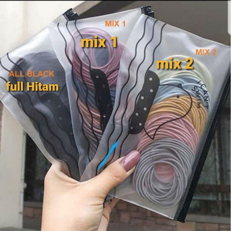 [isi 100] Karet Rambut &amp; Gelang Hitam Polos Korea Lingkaran Besar 4,5 cm dan Tebal Elastis bonus Tas