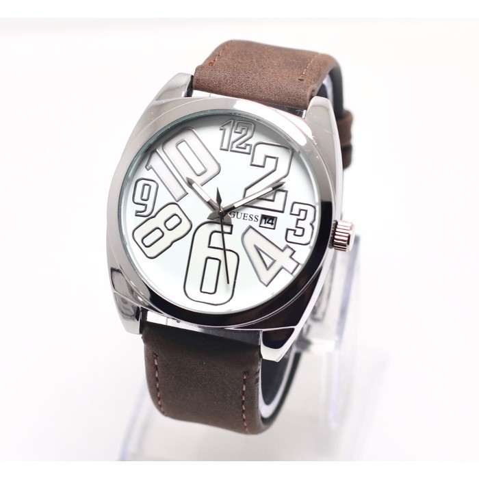 jam tangan GUESS PRIA KEREN DENGAN STRAP KULIT TANGGAL SILVER