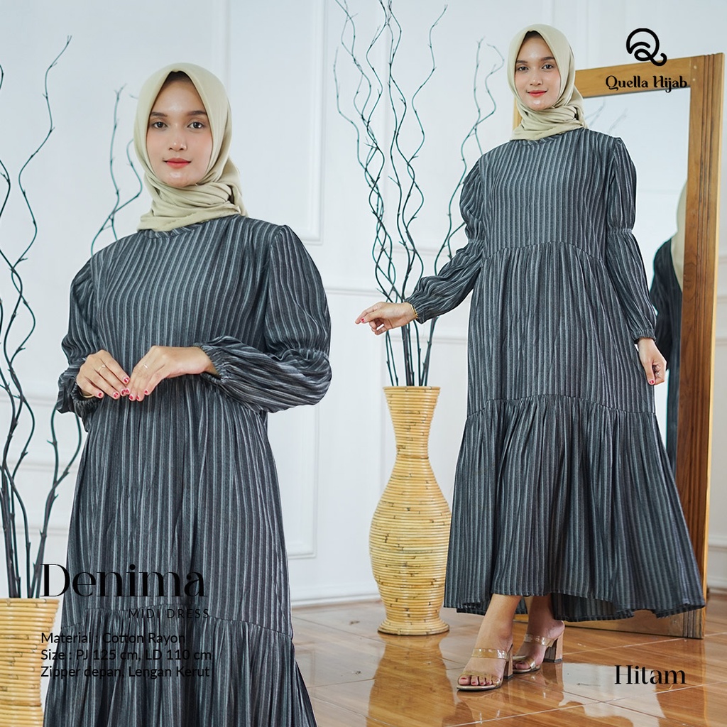 Gamis Midi Dress Wanita Kekinian Rayon Motif Garis Denima