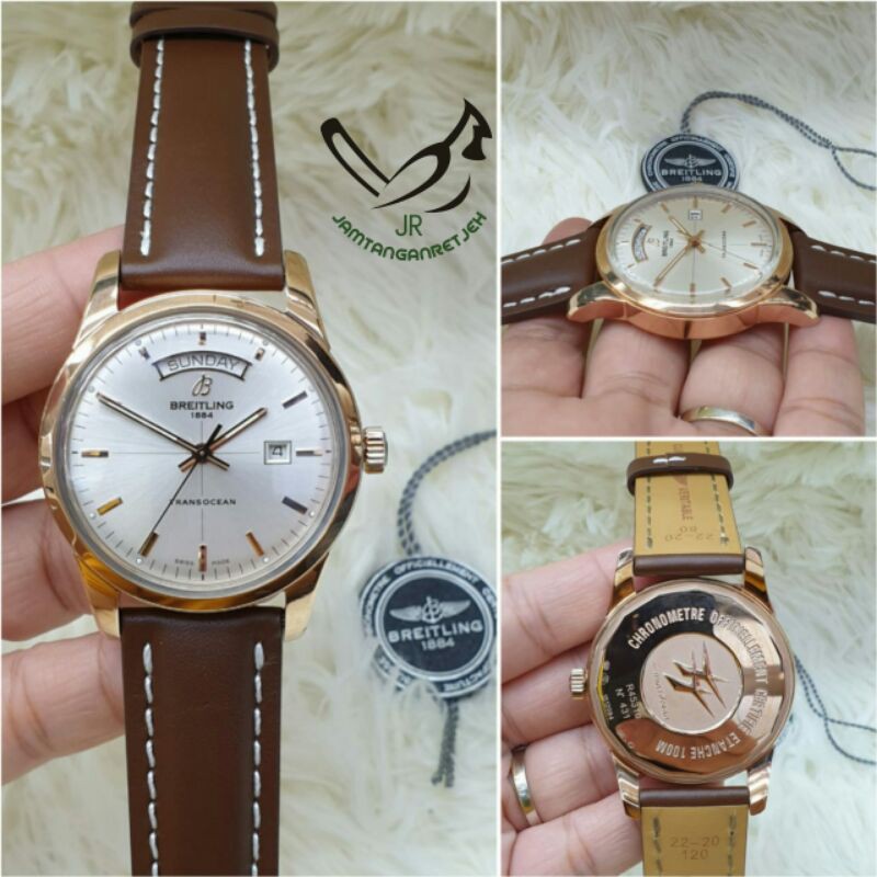JAM TANGAN BREITLING MESIN SWISS AUTOMATIC BODY ROSEGOLD TALI KULIT
