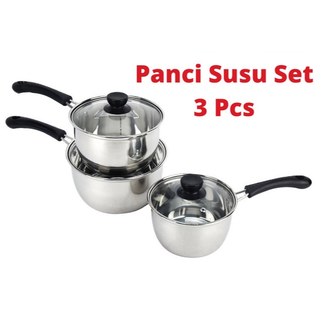 Panci Teflon Pemanas Masak Air Susu Mie Multifungsi 3 Pcs Stainless Steel 16/ 18/ 20cm