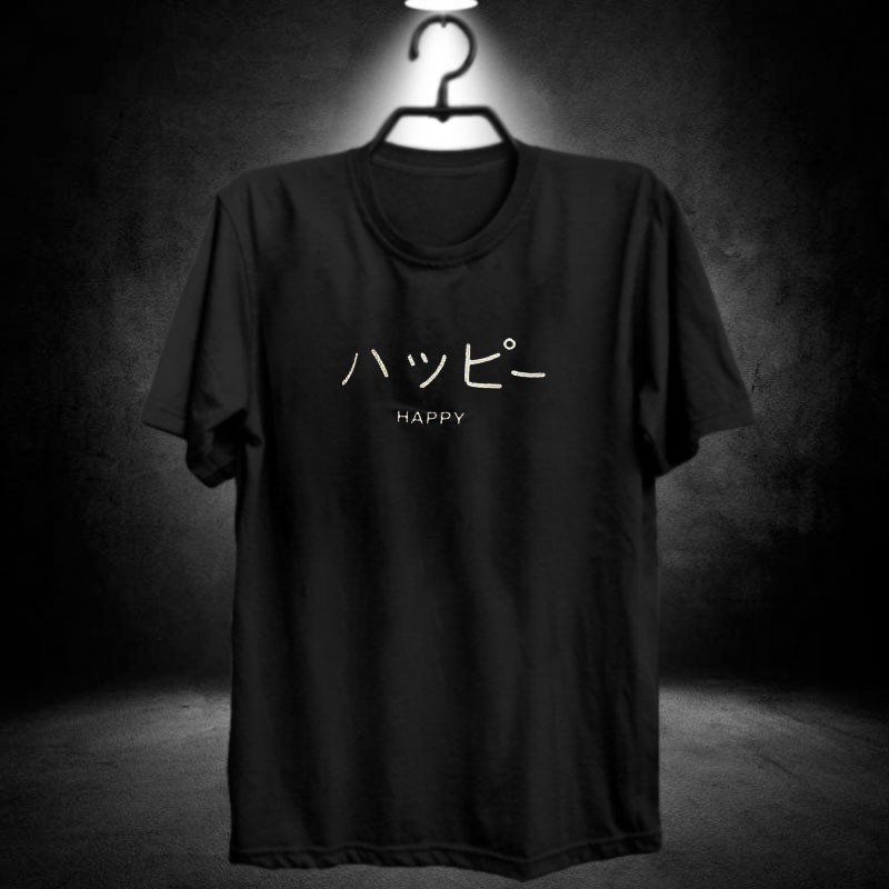 Kaos HAPPY JEPANG / aksara japanese / baju impor luar negri asia / pakaian cowok wibu / anime otaku