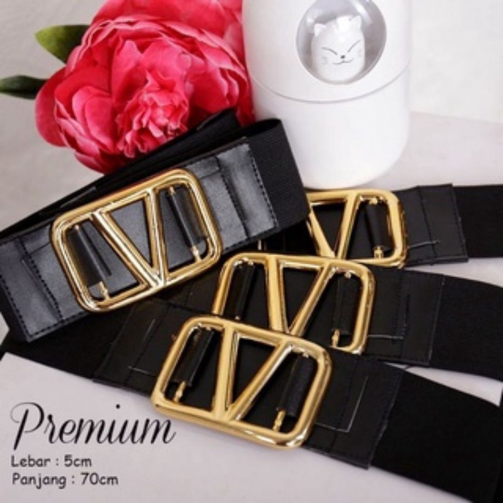 Belt Wanita Dewasa Kepala Emas V Karet Hitam Elastis by b_queen