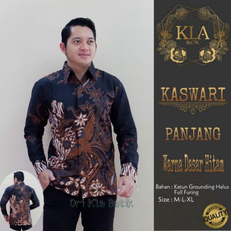 KEMEJA BATIK MOTIF BURUNG KASWARI BATIK PRIA LENGAN PANJANG LAPIS FURING BATIK SOLO TERBARU HITAM