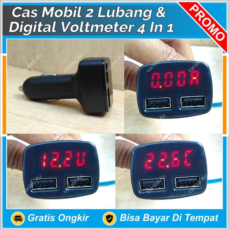 CAS HP COLOKAN LIGHTER/KOREK DI MOBIL MULTIFUNGSI 2 LUBANG + DIGITAL VOLT METER + AMPERE METER + SUH