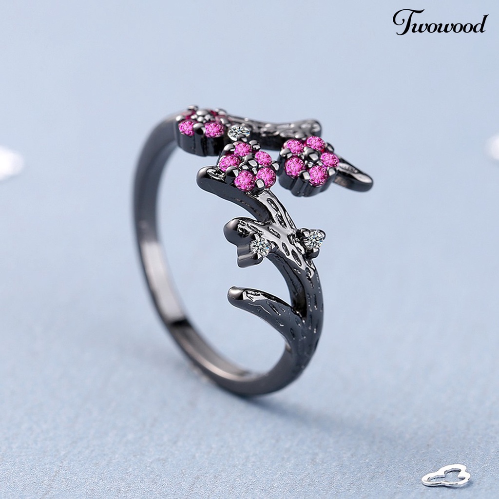 Twowood Adjustable Ring Open End Copper Blooming Plum Flower Rhinestone Ring for Daily Wear