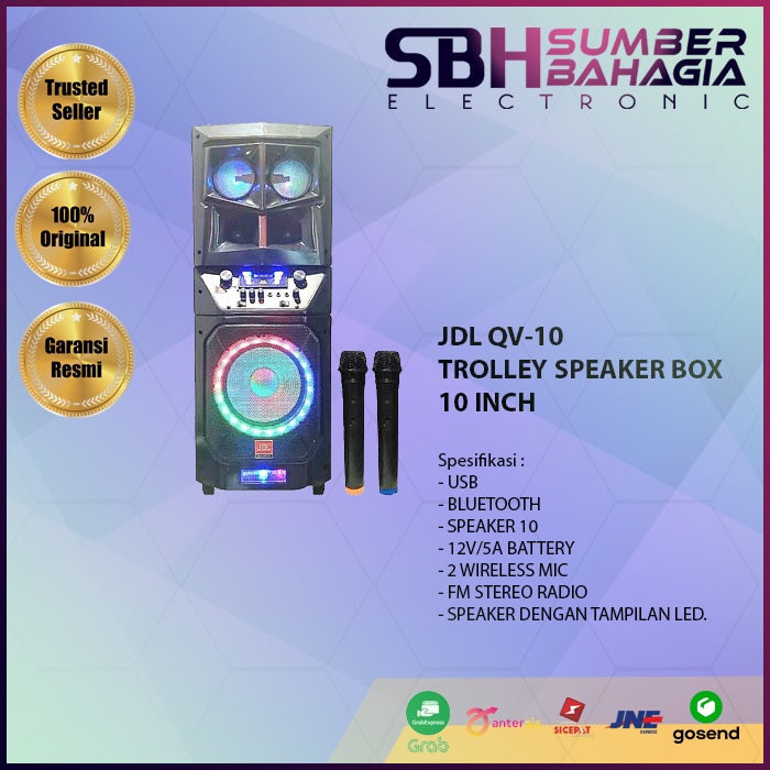 JDL QV-10TROLLEY SPEAKER BOX ,USB, 2 MIC BLUETOOTH 10 INCH (NEW) (KHUSUS BANDUNG)