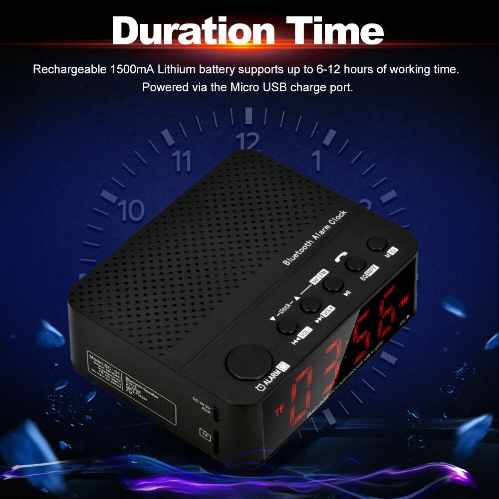 Alarm LED Clock Radio Audio Bluetooth Speaker FM Radio 6 Inch Large LED Digital Free USB Cable