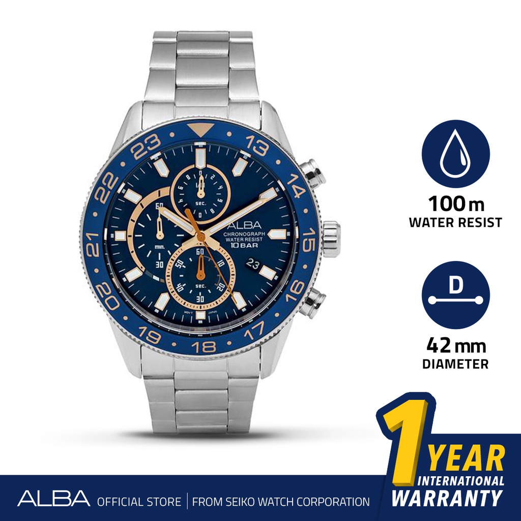 Alba Active Jam Tangan Pria Chronograph AM3845 / AM3845X1 Quartz Blue Cream Dial Stainless Steel Str
