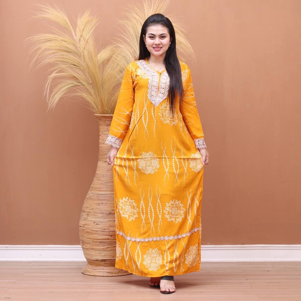 Batik Prass - Daster Arab Elmeera / Longgdress Renda / Rayon Grade A Lengan Panjang-AZAHRA KUNING