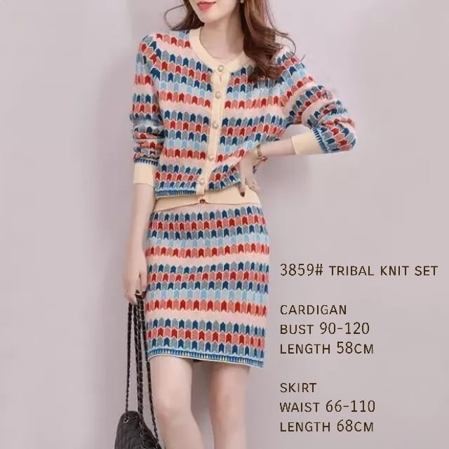 SALE MURAH STELANA 3859 3M THREE M TRIBAL KNIT SET CARDIGAN DAN ROK SPAN WARNA IMPORT FASHION GROSIR