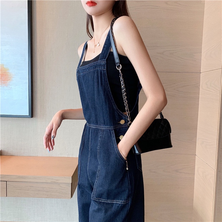 Suspender Celana Kodok Dark Denim Wanita Korea Style High Waist Pelangsing Jumpsuit HongKong Gaya Chic Lebar Kaki