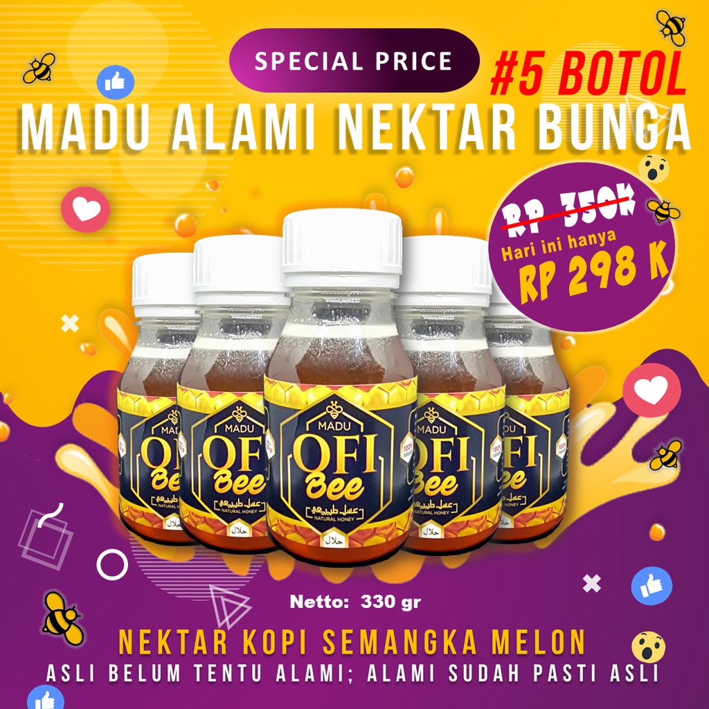 [330 gram] Madu Murni Asli Nektar Bunga | Madu Mentah Alami Madu OFi Bee 5 botol Harga Ekonomis