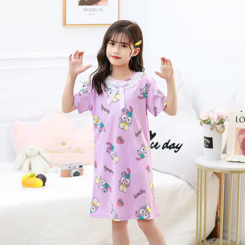 (Hello Girl)SY-01 Dress Tidur Anak Kerah Renda Motif  Kartun Import