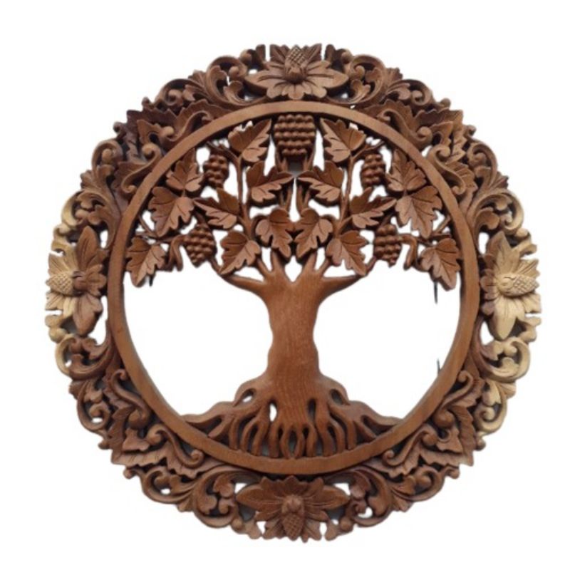 Hiasan dinding kayu ukiran Bali frame bundar motif pohon beringin diameter 50 cm Pandil Bali Home de