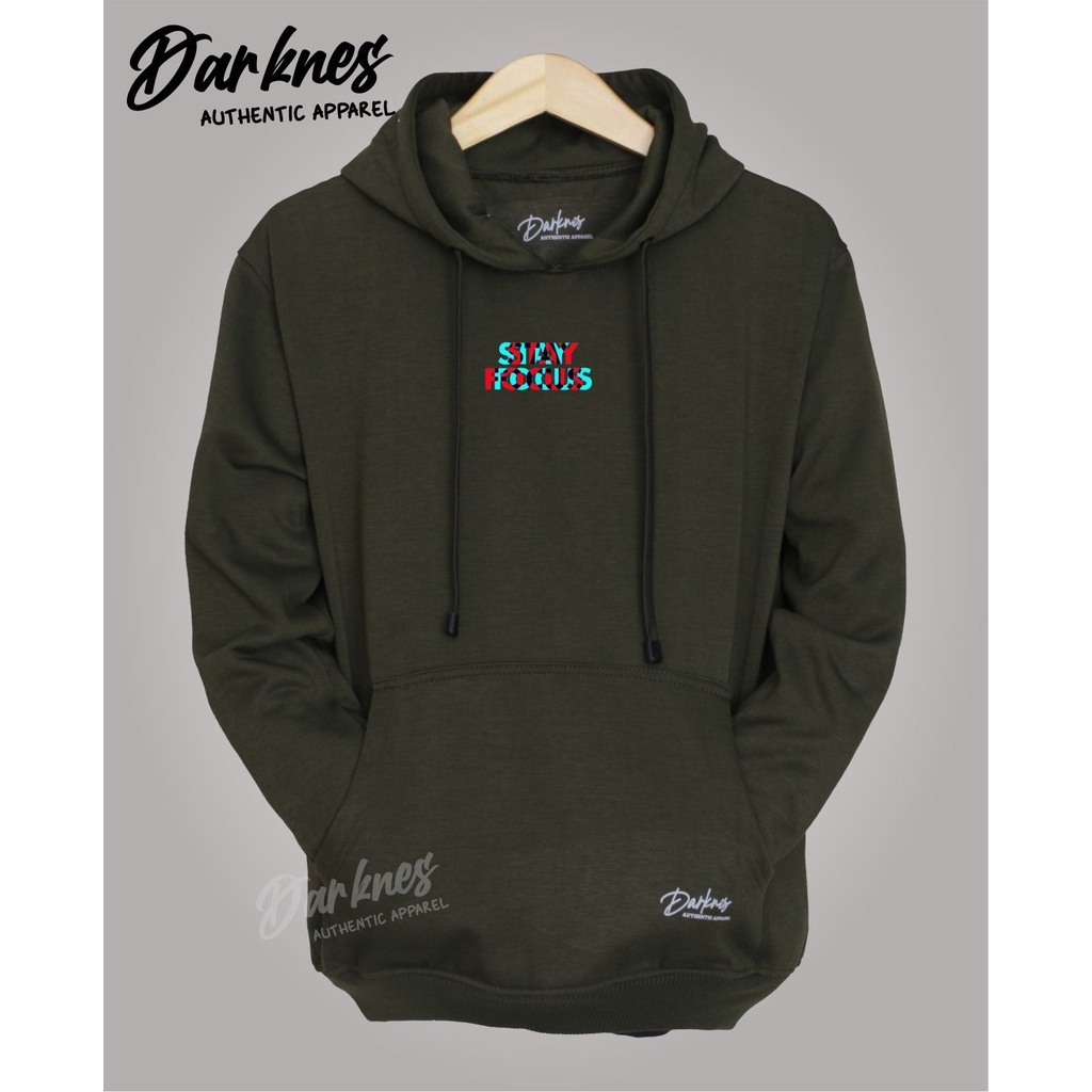 hoodie pria unisex original brand darkness apparel warna hijau army sablon stay fokus sweter jumbo size M L XL XXL full tag bisa cod bayar ditempat suiter laki laki pullover higt quality style kekinian