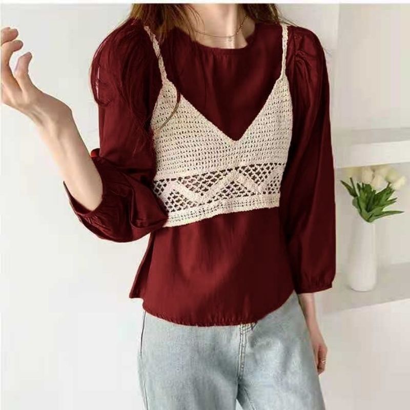 MDLV ~ 8755 BRAVESSIA CROCHET VEST SET BLOUSE DAN VEST SETELAN IMPORT SET KOREA FASHION IMPORT