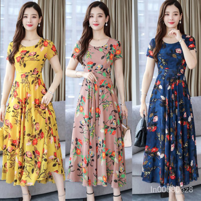 Women's Maxi Dress Summer Floral Print Flower Round Neck Short Sleeve Loose Long Maxi Dress 9GU6
