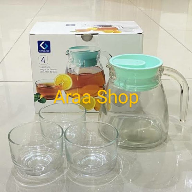 KIMGLASS KENZO Teko Teh Set Gelas/ 4pcs Tea Pot Jug Pitcher+Thambler / Kan Set