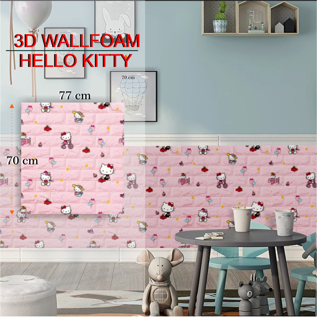 Wallpaper dinding 3D foam motif hello kitty pink edition 70 x70 cm tebal